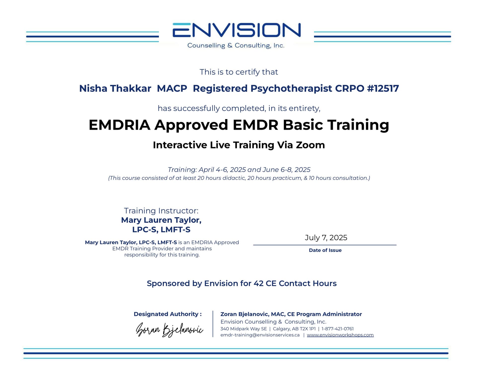 EMDRIA-approved EMDR Basic Training certificate, 2025