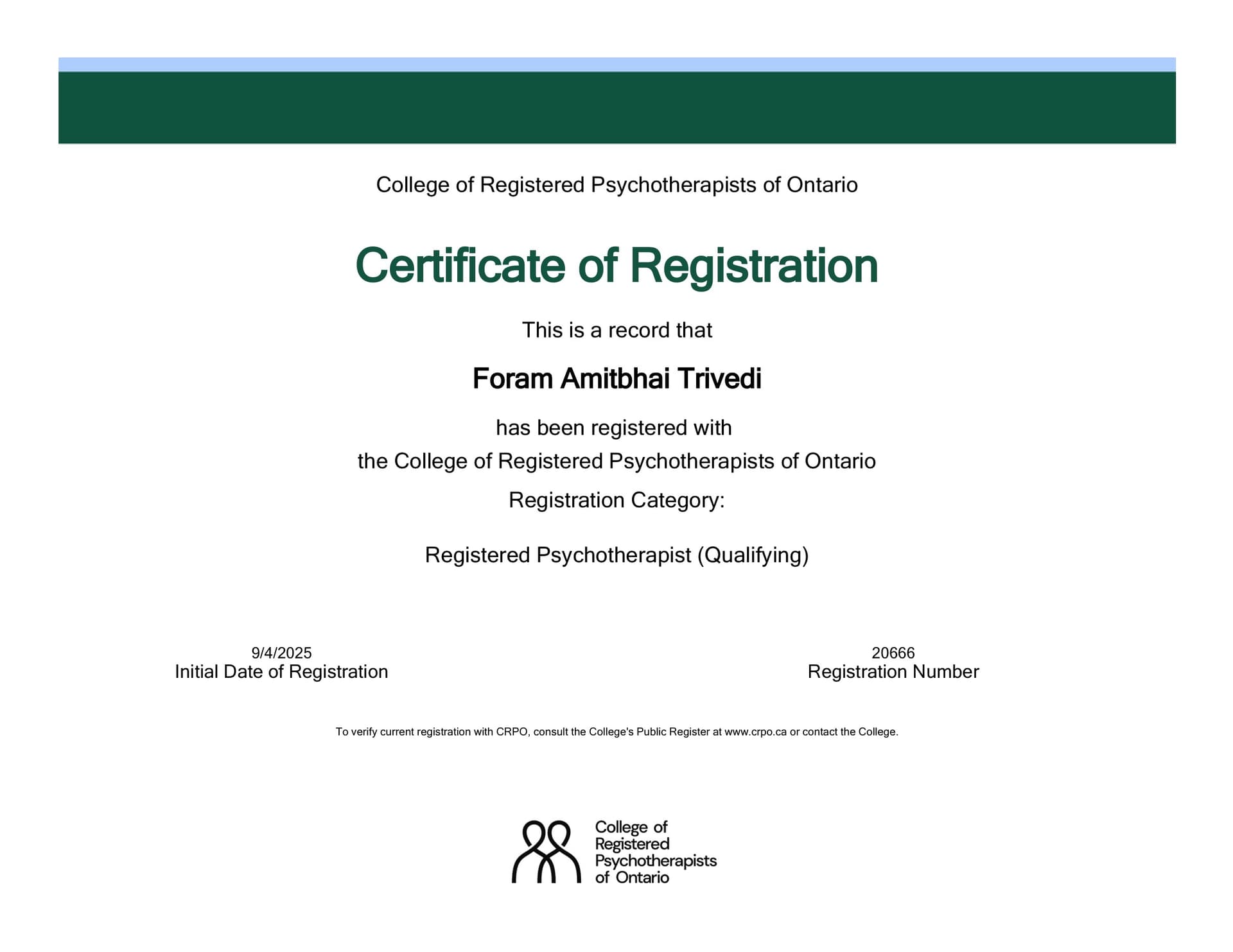 CRPO Certificate of Registration — Foram Amitbhai Trivedi, Registered Psychotherapist (Qualifying), #20666
