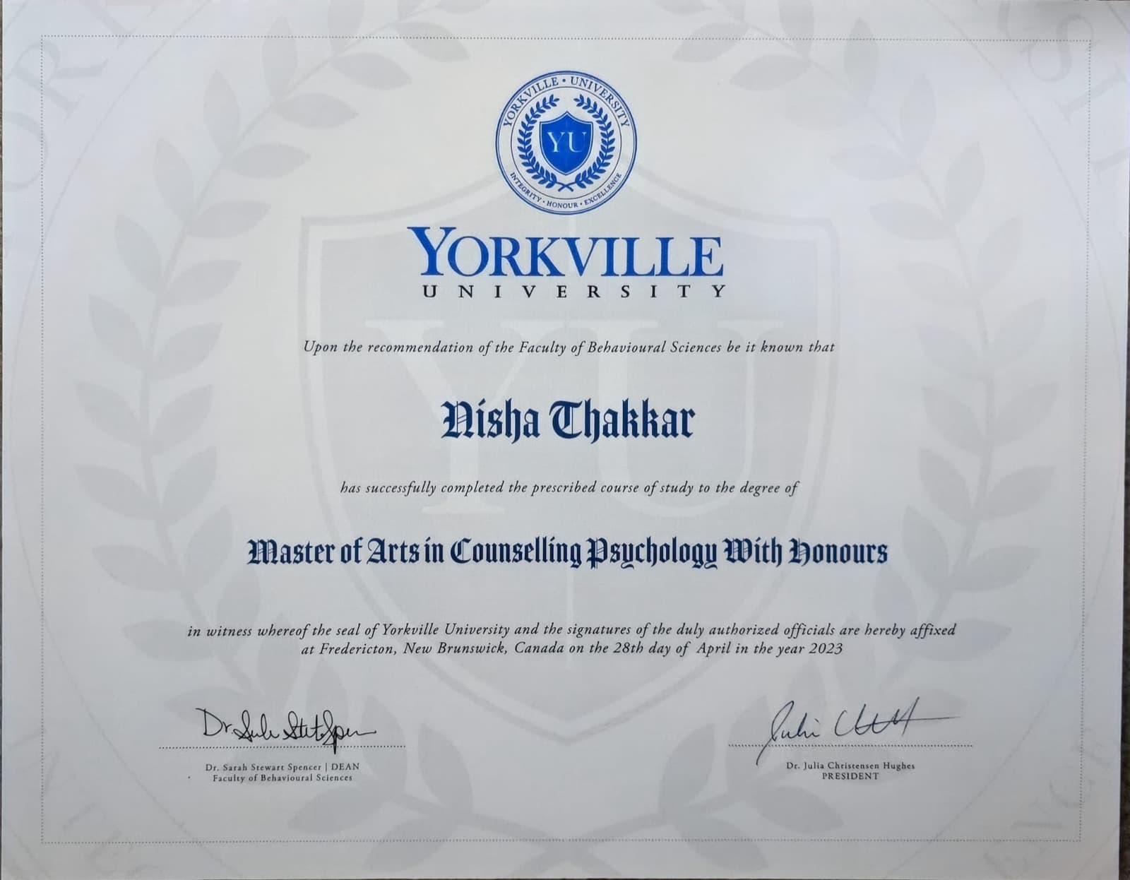 Master of Arts in Counselling Psychology with Honours, Yorkville University