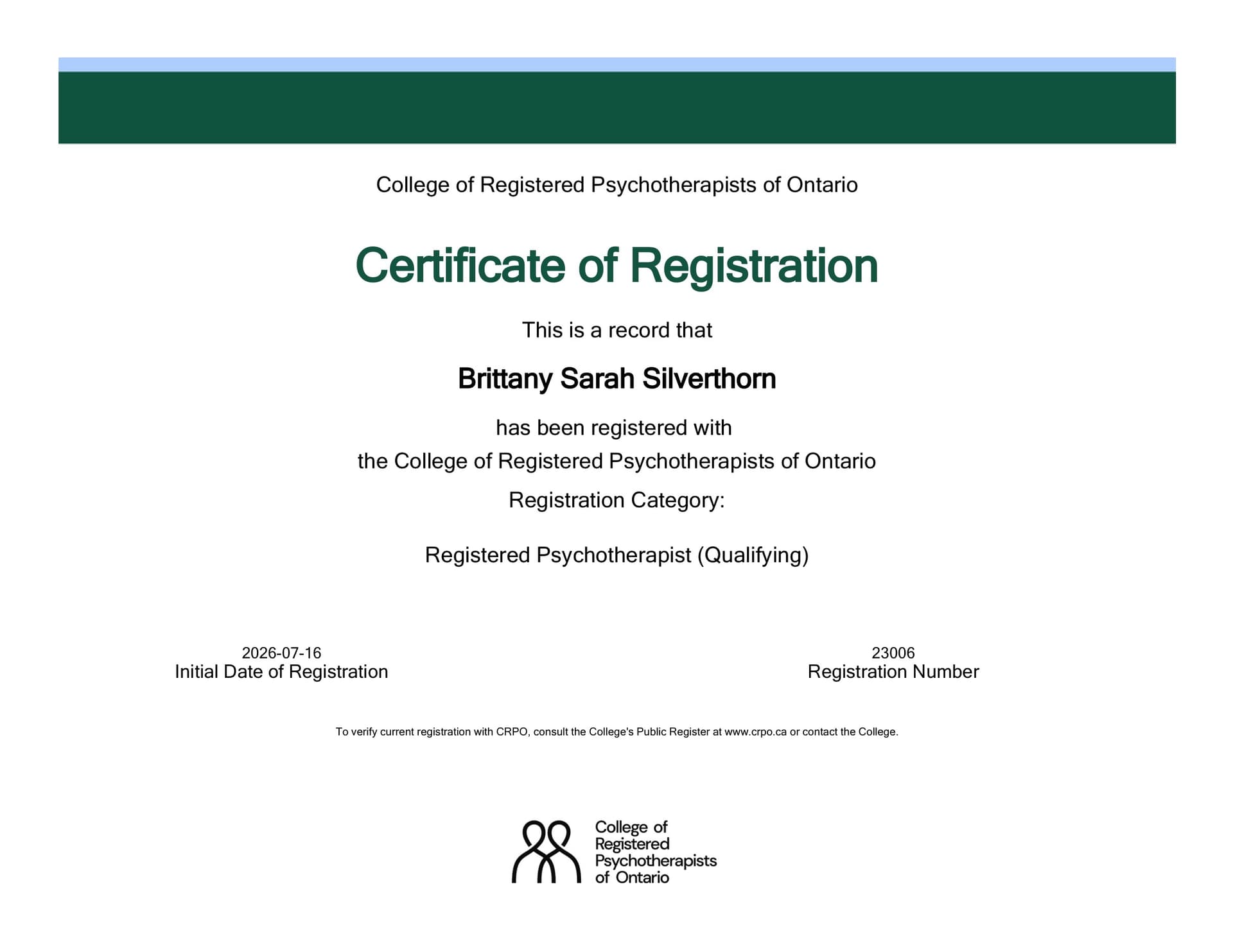 CRPO Certificate of Registration — Brittany Sarah Silverthorn, Registered Psychotherapist (Qualifying), #23006